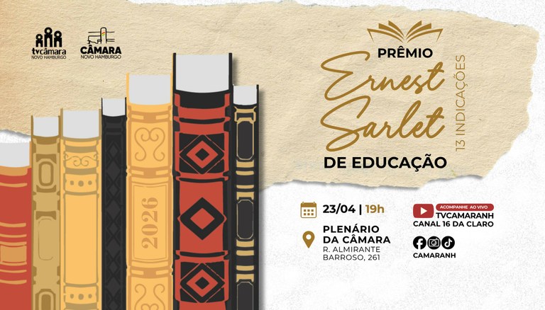 Câmara entregará Prêmio Ernest Sarlet de Educação no dia 23