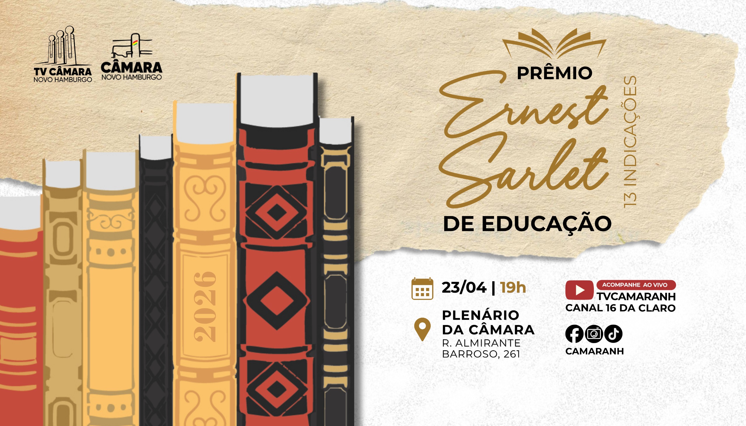 Câmara entregará Prêmio Ernest Sarlet de Educação no dia 23