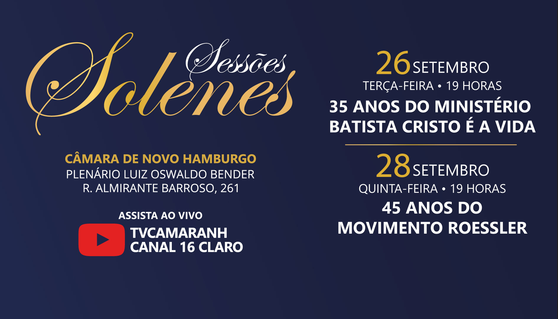 Câmara terá semana cheia com a realização de duas sessões solenes