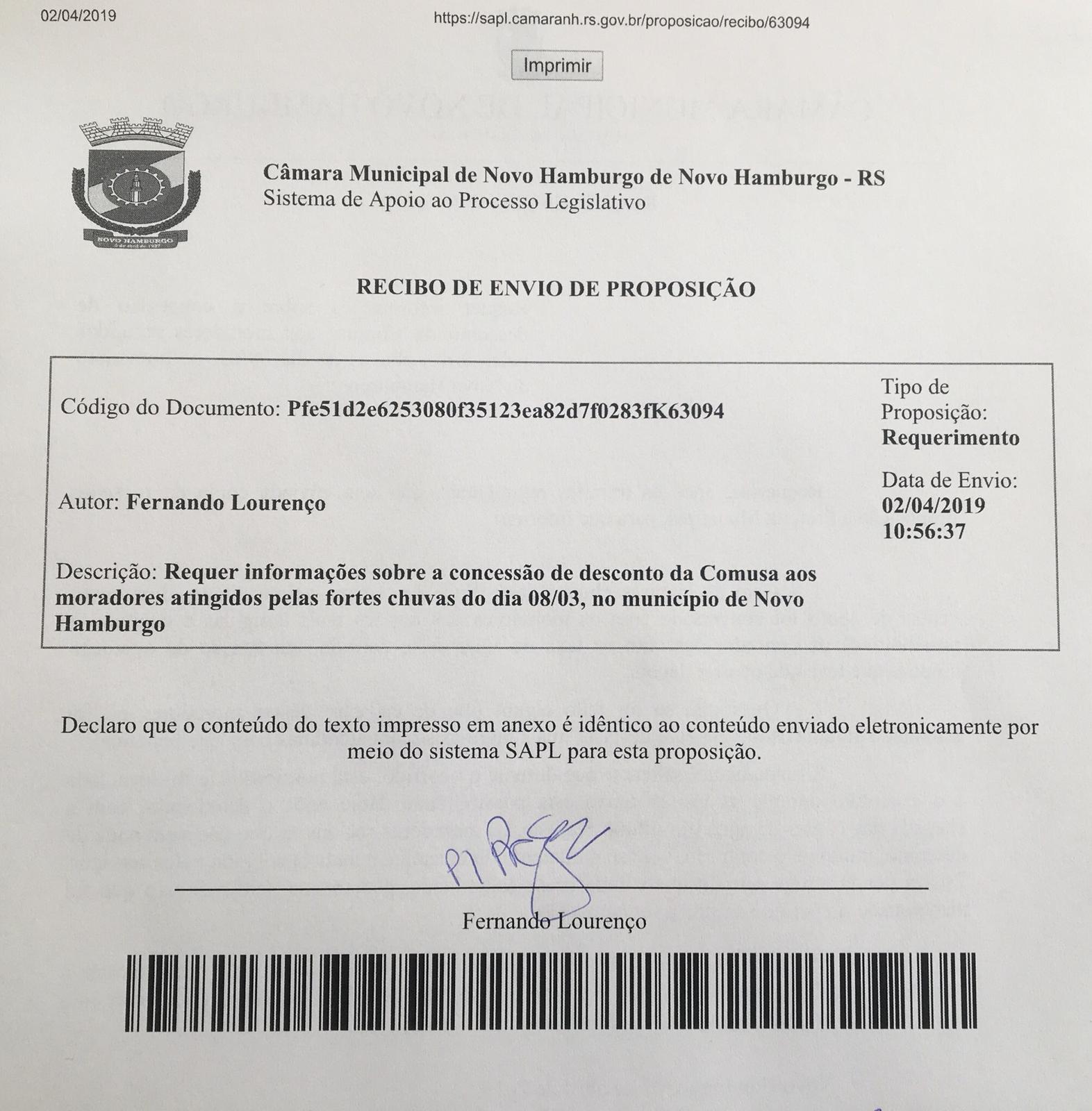 03/04/2019 - Fernando Lourenço requisita informações sobre descontos em contas de água
