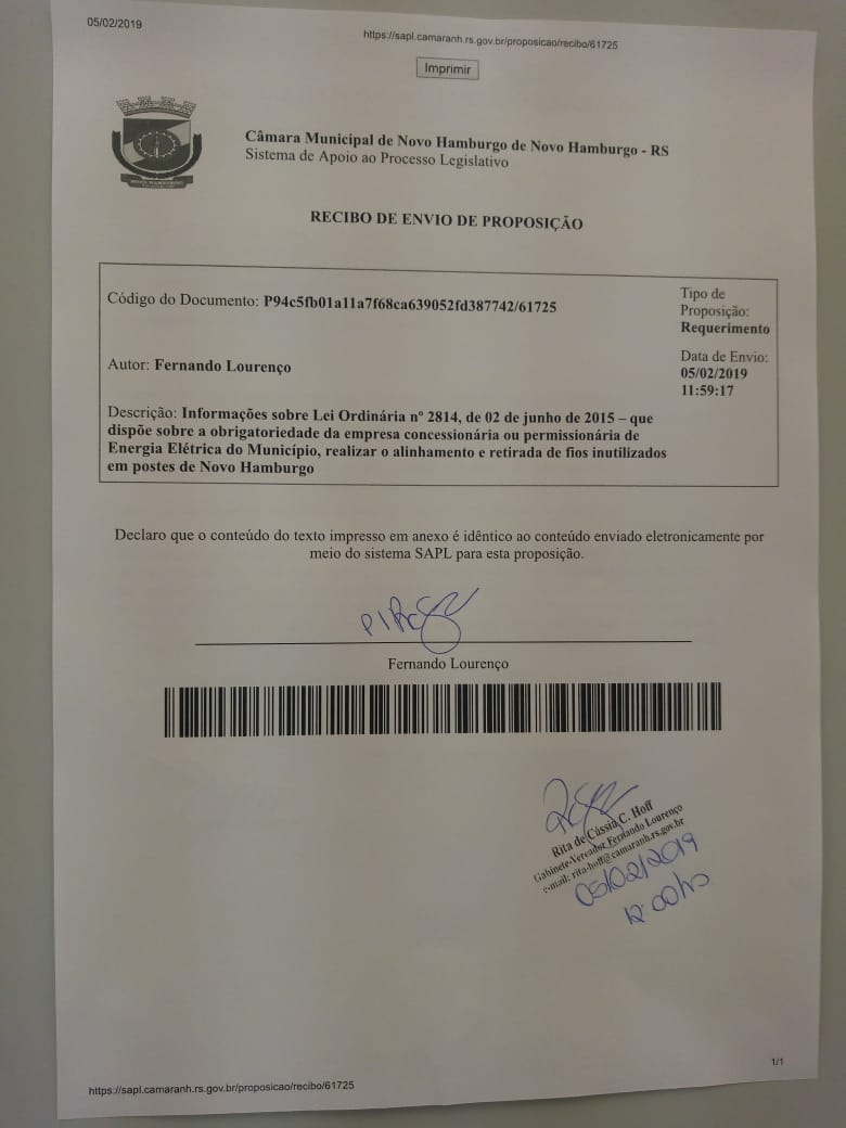 06/02/2019 - Fernando Lourenço solicita informações sobre fiscalização de fios caídos nos postes do município