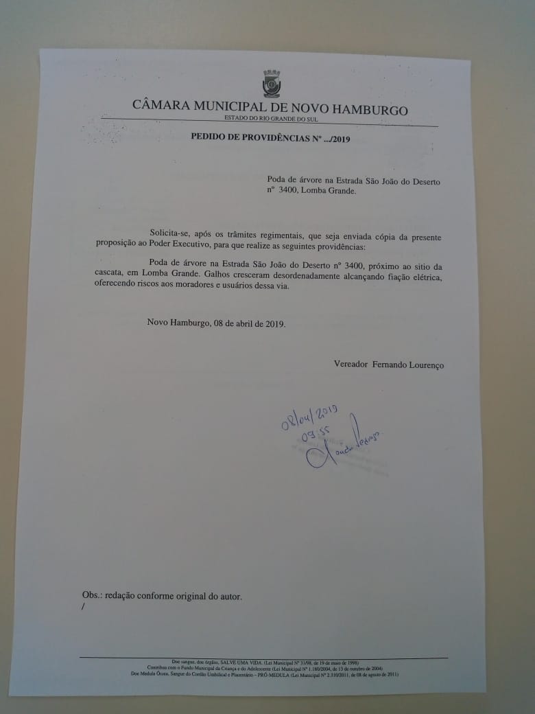 08/04/2019 – Fernando Lourenço solicita poda de árvore em Lomba Grande