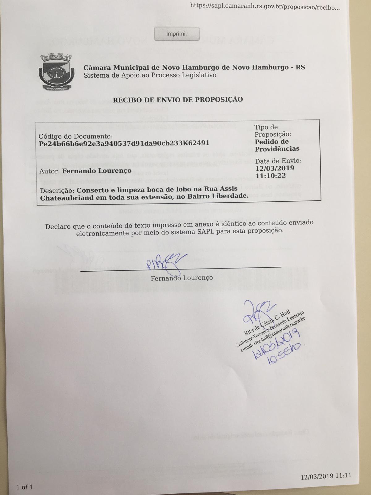 12/03/2019 - Fernando Lourenço solicita conserto de bocas de lobo em rua do bairro Liberdade