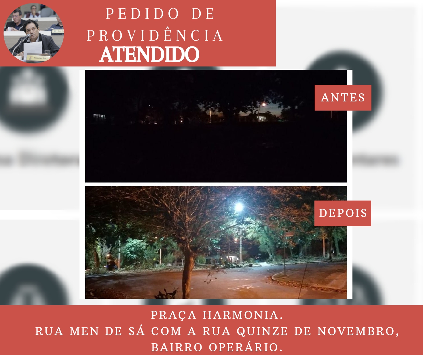 13/08/2019 - Praça Harmonia está com iluminação após pedido de providências do vereador Inspetor Luz