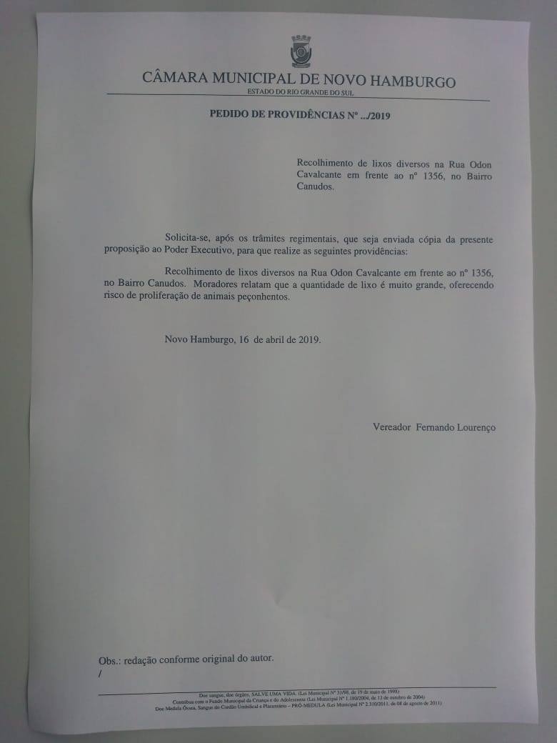 16/04/2019 - Fernando Lourenço solicita serviço de limpeza para a rua Odon Cavalcante