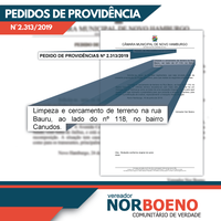 24/06/2019 - Nor Boeno solicita limpeza e cercamento de terreno na rua Bauru