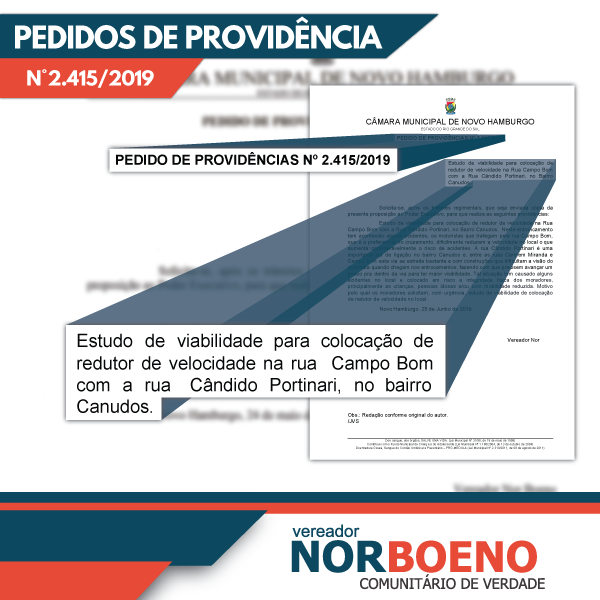 26/06/2019 - Nor Boeno requer estudo de viabilidade para redutor de velocidade em cruzamento no bairro Canudos