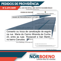 26/06/2019 - Nor Boeno solicita reparo de canalização de esgoto em Canudos