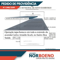 31/05/2019 - Vereador Nor Boeno solicita operação tapa-buracos para avenida do bairro Boa Saúde 